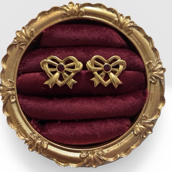 D'Orlan Jewelry - D’Orlan Gold Heart Bow Ruby Rhinestone Accented Earrings